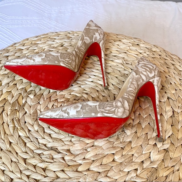 Christian Louboutin Pigalle Follies 120 Beige Floral Red Sole Pump - Picture 7 of 15
